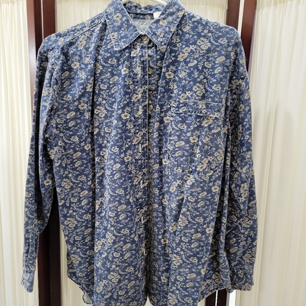 VINTAGE 90s Denim Flower Shirt Blouse Sz Medium Excellent Condition
